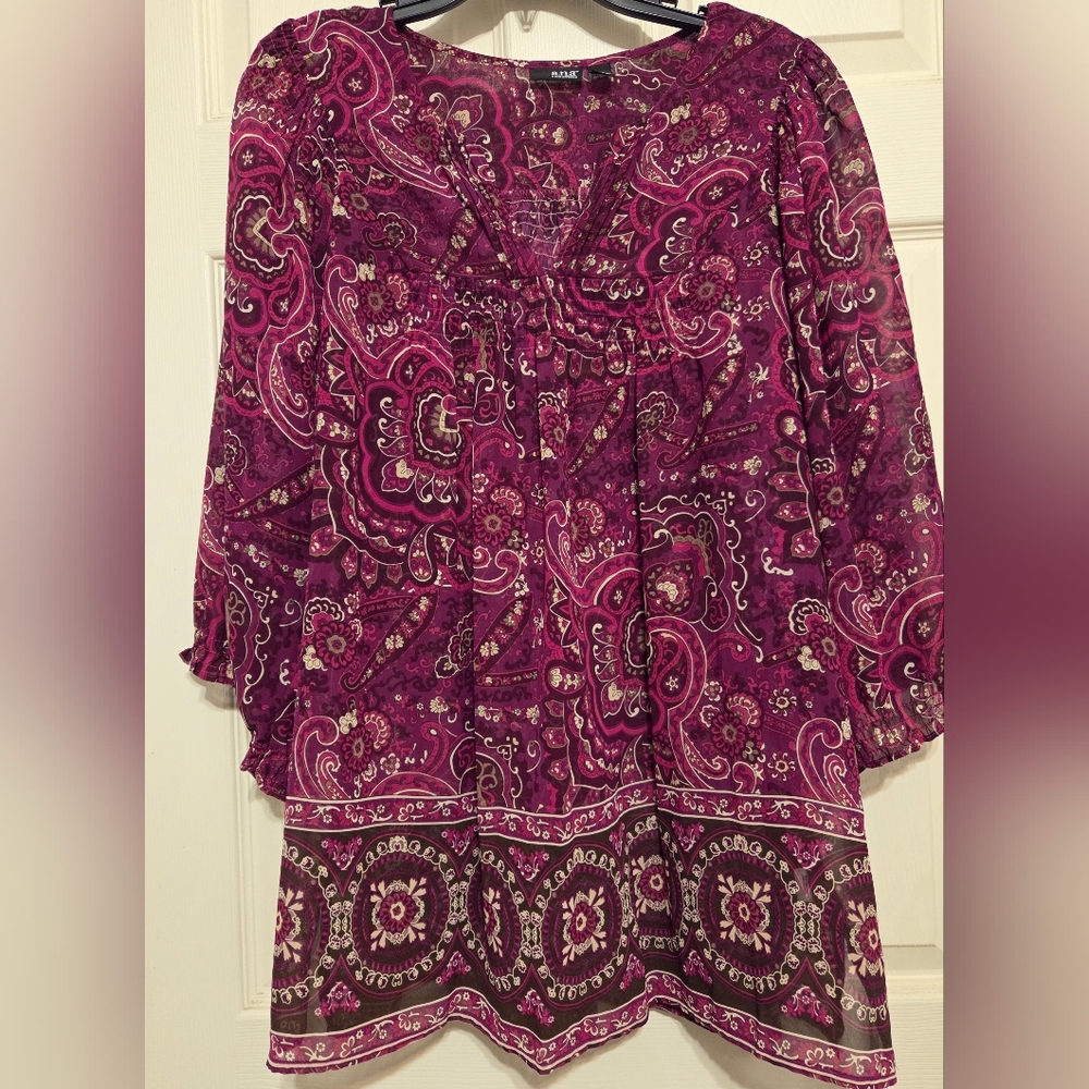A.n.a Fuscia Pink Paisley V-neck Semi-Sheer Loose Tunic Blouse Top Size XL